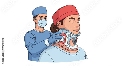 Professional medical worker applying and fitting a cervical collar neck brace to a patient experiencing neck injury or trauma, a detailed health care Vector illustration