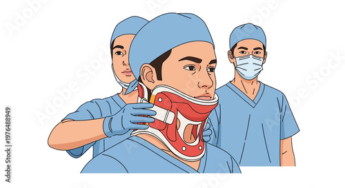Vector illustration of medical professionals carefully placing a cervical collar on a patient, emphasizing healthcare and emergency response
