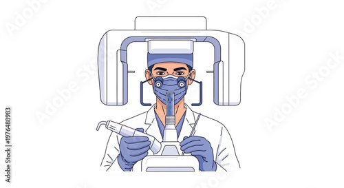 Vector Illustration of a Dentist Using Dental X-Ray Machine for Panoramic Imaging, Close-up View
