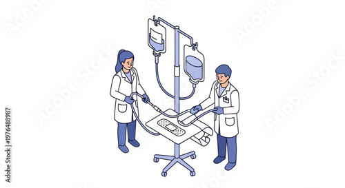 Vector illustration of medical professionals preparing intravenous drip infusion equipment with saline bags hanging on a stand, representing healthcare and treatment