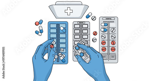 Detailed Vector Illustration of Medical Hands in Gloves Organizing Tablets into a Weekly Pill Dispenser for Patient Care and Health Management