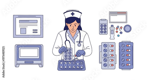 Vector Illustration of a Nurse Dispensing Medication From Pill Packs Amidst Medical Supplies and Equipment