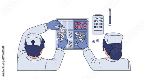 Healthcare Professionals Organizing Medications in a Pill Organizer Tray Vector Illustration