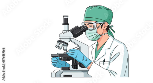 Detailed Vector illustration of a scientist performing a microscopic examination of a slide in a laboratory, focusing on scientific research and medical analysis