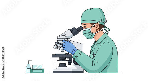 A Scientist in Protective Gear Examines a Specimen on a Microscope Slide, Vector Illustration with Medical Supplies on a Clean Surface
