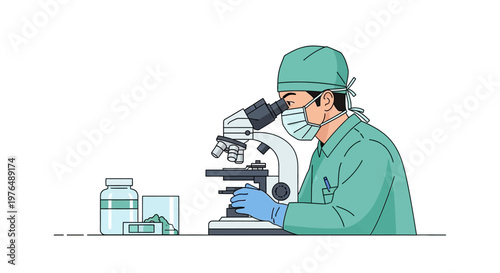 Vector illustration of a dedicated scientist conducting vital research, meticulously examining samples under a microscope in a modern laboratory setting