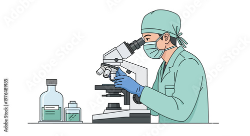 Vector Illustration of a Scientist Examining a Specimen Under a Microscope, Perfect for Medical and Research Contexts