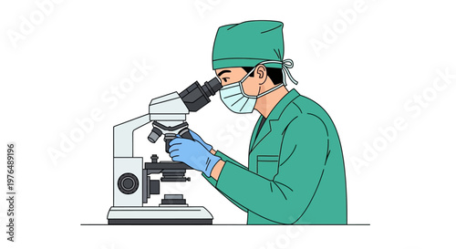 Vector illustration of a scientist performing detailed microscopic examination in a laboratory, wearing protective gear for research and diagnostic analysis