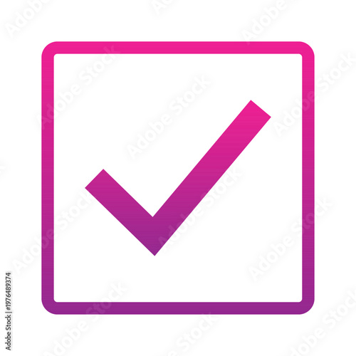 Magenta Purple Gradient Checkmark Icon in Square Frame, Modern Flat Tick Symbol for Success, Approval and Business Confirmation, Digital Vector Isolated on White for Web Design and App UI UX Graphics.