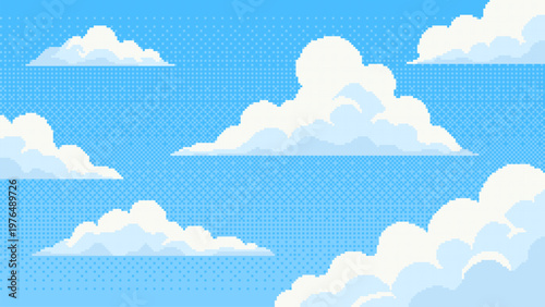 Pixel art vector illustration of fluffy white clouds in a bright blue sky. Digital landscape background with retro game aesthetic. Simple environmental design for creative project.