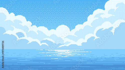 Pixel art landscape of blue ocean water under a sunny sky with soft white clouds. Retro 8-bit digital scenery for video game background. Nostalgic aesthetic style of classic gaming.