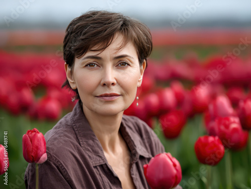 A woman with short, dark hair woman against the backdrop of a field of tulips