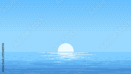 Pixel art vector of sunrise over ocean. Sun rising above horizon of sea water. Digital landscape illustration in 8 bit retro style. Minimalist nature scene for game background design.