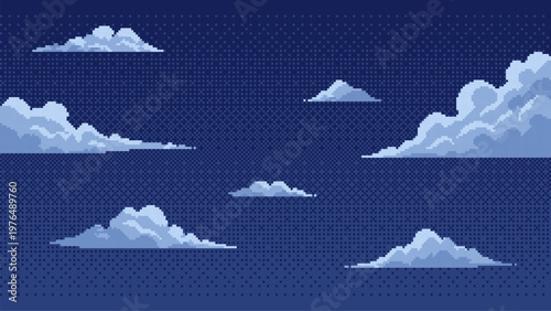 Blue night sky with fluffy clouds in pixel art style. Digital background for retro video game design landscape. Isometric weather element for user interface development.