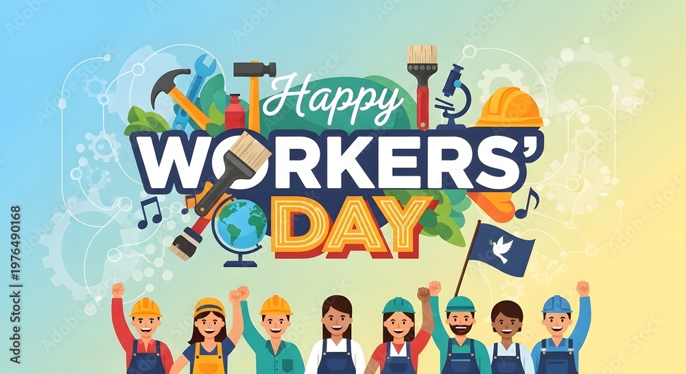 Fototapeta premium Happy workers day illustration with diverse workers and tools