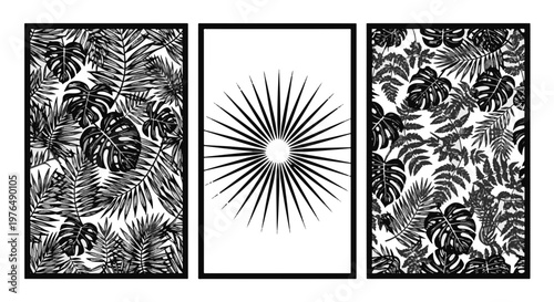 Monochrome Tropical Leaf and Sunburst Decorative Panel Art Set