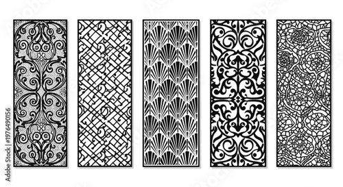Set of Five Decorative Panel Designs with Varied Ornate Patterns
