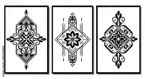 Three Decorative Panel Set with Ornate Symmetrical Geometric Art Deco Motifs