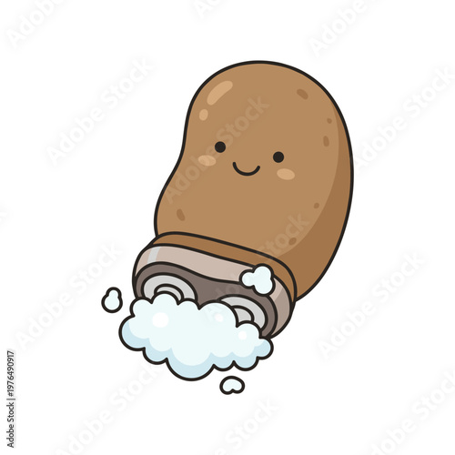 Smiling potato character with electric shaver and foam