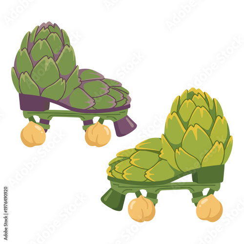 Pair of roller skates creatively made from artichokes and chickpeas