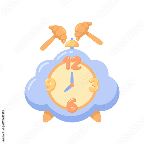 Puffy alarm clock with croissant hammers ringing at 8 o'clock