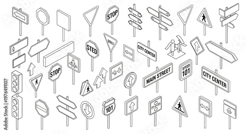 Collection of various road signs and traffic signals in an isometric outline style.