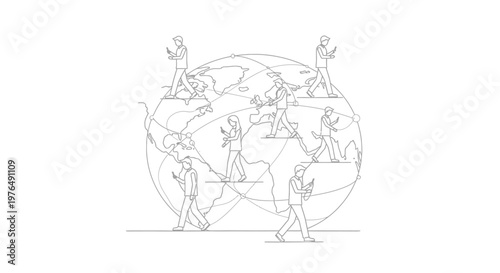 Continuous line drawing of people walking around the globe, representing global connection and unity.