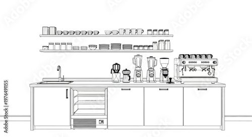 Detailed Line Art Illustration of a Modern Coffee Shop Counter with Espresso Machine and Barista Tools.