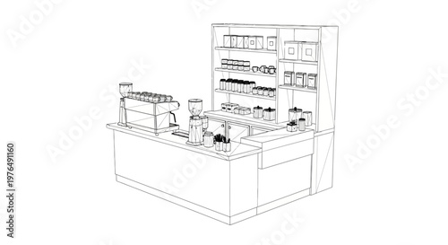 Detailed Line Drawing of a Modern Coffee Shop Counter with Equipment.