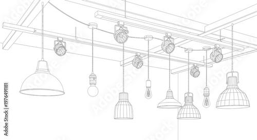 Detailed sketch of industrial-style ceiling lights and track lighting fixtures.