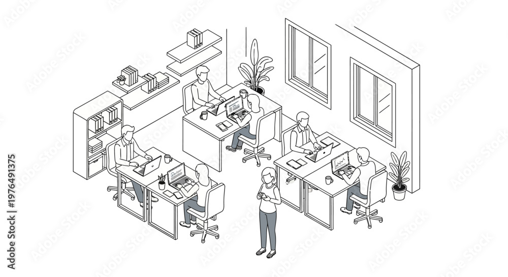 Naklejka premium Isometric line art drawing of a bustling office environment with multiple employees working at their desks.