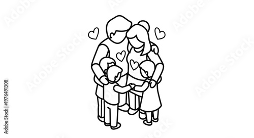 Happy Family Hugging Together with Hearts Line Art Illustration.