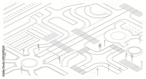 Intricate Isometric City Road Network with Intersections and Roundabouts.