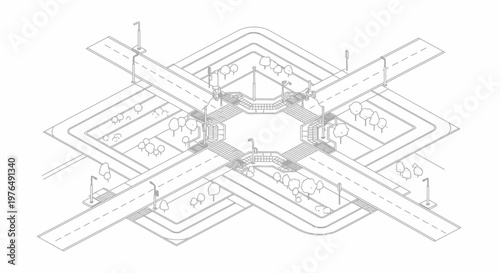 Isometric blueprint of a complex road interchange with multiple levels and circular central hub.