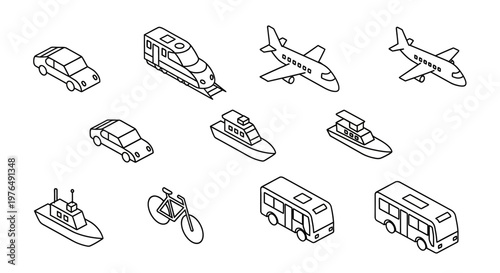 Isometric Line Art Collection of Various Transportation Vehicles.