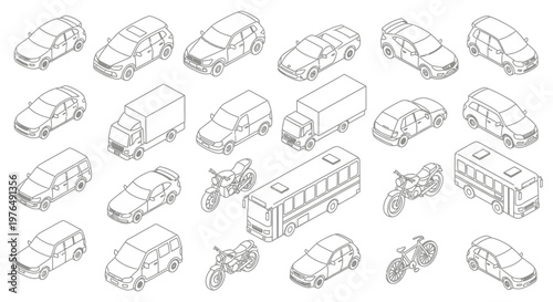 Isometric Line Art Collection of Various Transportation Vehicles.