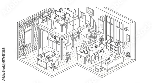 Isometric line art drawing of a modern two-story office interior.