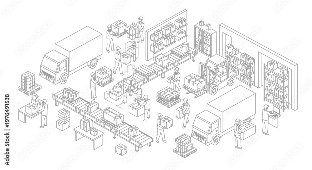 Obraz premium Isometric warehouse and logistics operation with trucks, forklifts, and workers.