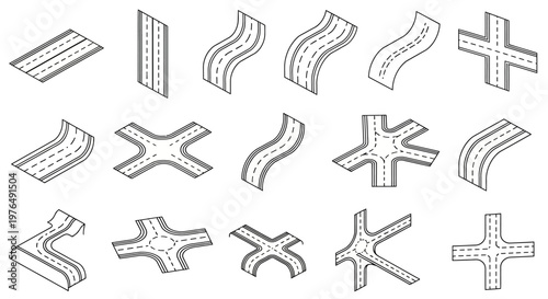 Isometric Road and Intersection Elements Collection for Map Design.