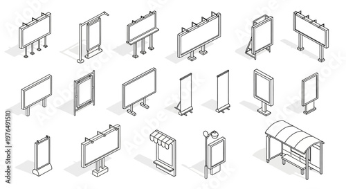 Isometric set of various outdoor advertising structures and billboards.