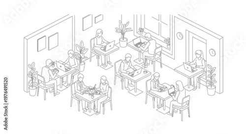 Isometric view of a bustling cafe interior with patrons enjoying their meals and drinks.