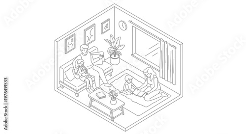 Isometric view of a cozy living room with people relaxing and enjoying their time.
