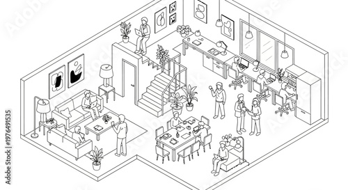 Isometric view of a modern two-story house with people engaged in various activities.