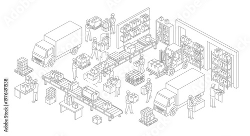 Isometric warehouse and logistics operation with trucks, forklifts, and workers.