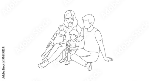 Line art illustration of a happy family sitting together.