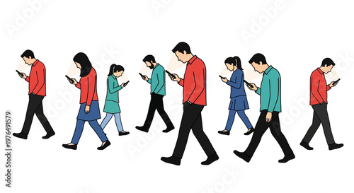 People walking while engrossed in their smartphones, illustrating digital distraction.