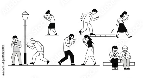 People engrossed in their smartphones, illustrating digital addiction and social isolation.