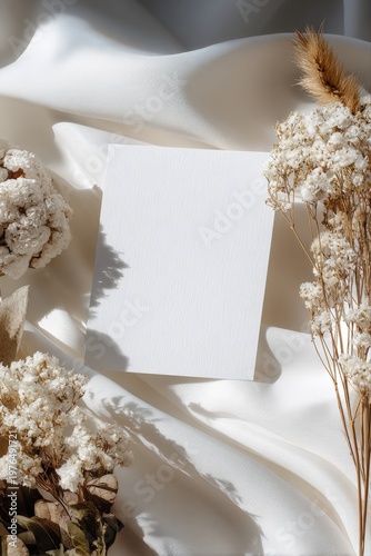 Elegant Flat Lay with Blank Card, Dried Flowers, and Soft Silk Fabric Illuminated by Natural Light