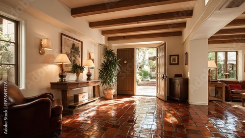 Luxurious Spanish Colonial Foyer with Terra Cotta Floors and Exposed Beams