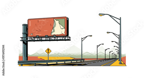 illustration of a deserted road with billboard and streetlights